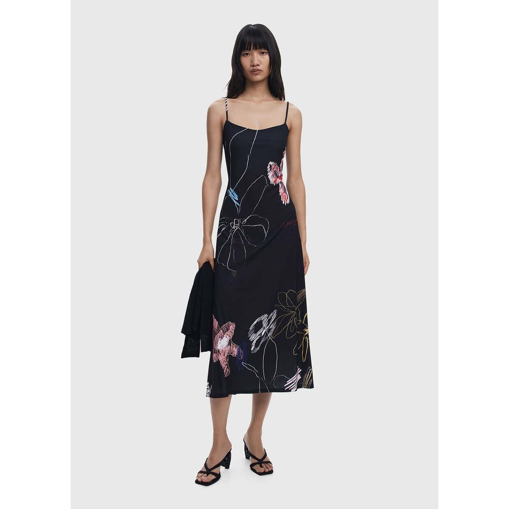Desigual Kala Abstract Scribble Slip Midi Dress M Black Artsy Chic